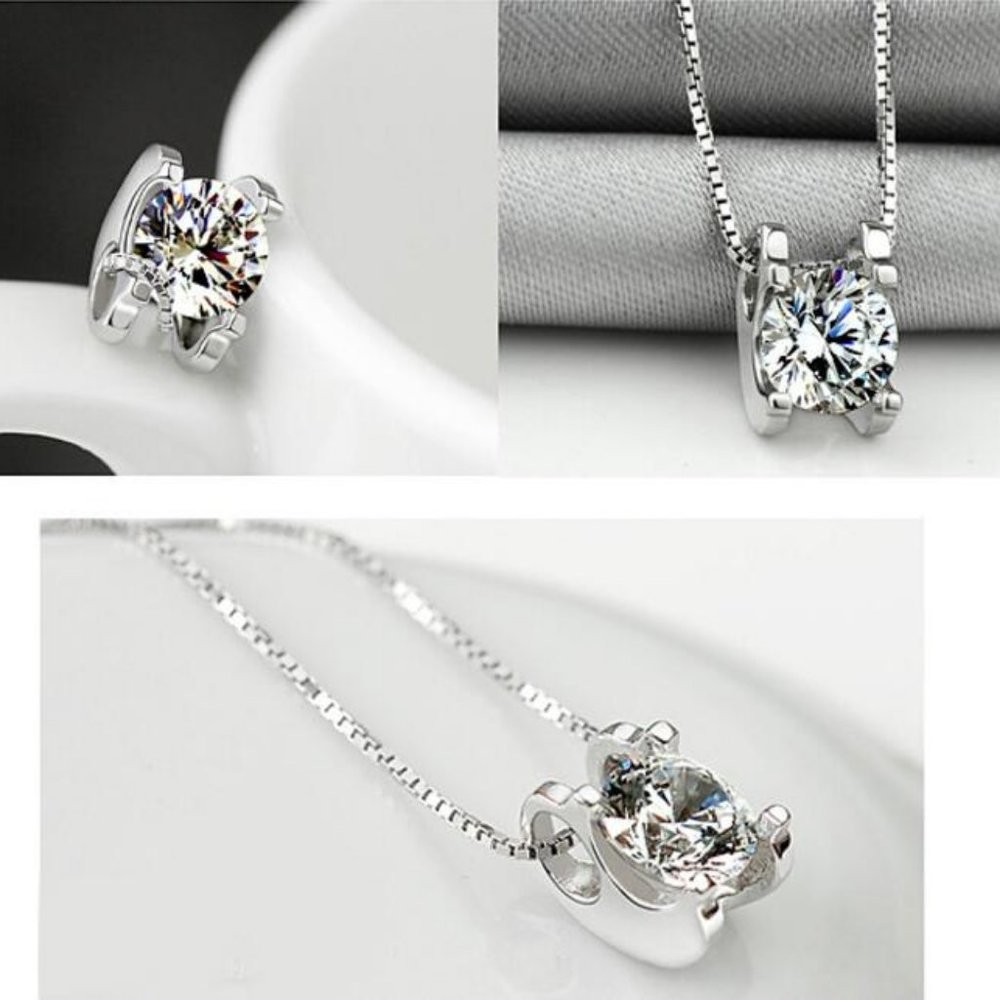 925 Sterling Silver Solitaire Diamond Necklace L